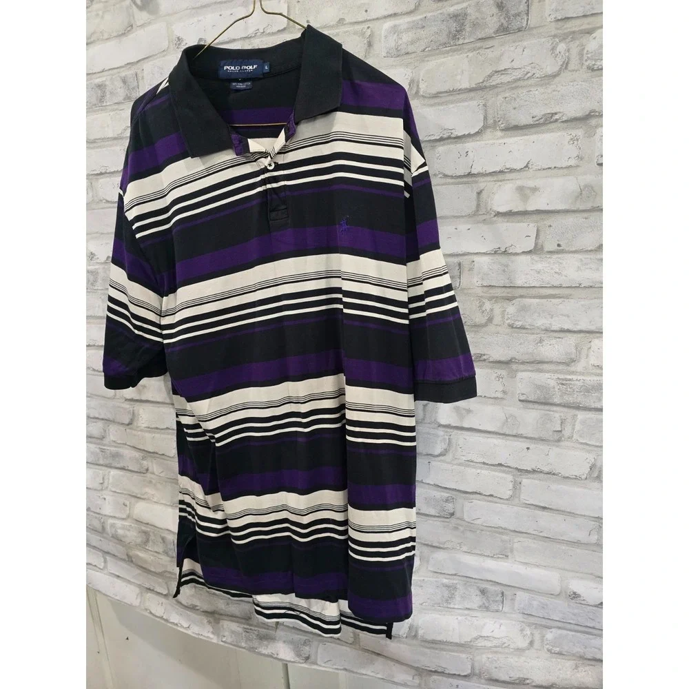 VTG Polo Golf Ralph Lauren Rugby Striped Polo Shirt Men L Black Purple Pony